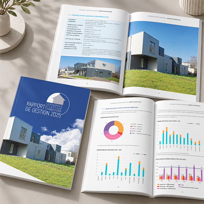 Composition éditoriale de plusieurs mockups du rapport de gestion 2025 de la RVH : un exemplaire fermé montrant la couverture et deux doubles pages ouvertes présentant un projet immobilier et des graphiques.